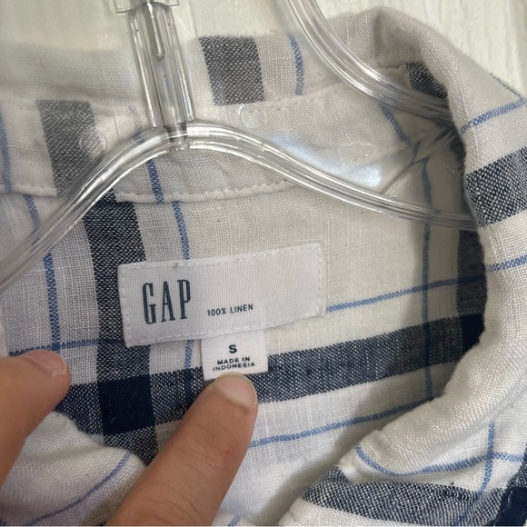 GAP Plaid Navy and white Long Sleeve Button Down Women’s Linen Top | size Small - Picture 4 of 5